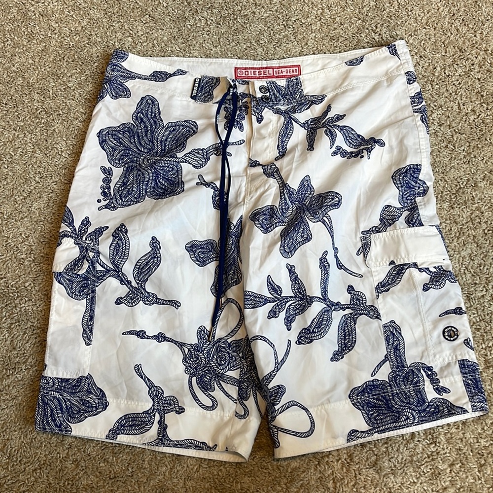 Diesel White and Blue Floral Board Shorts